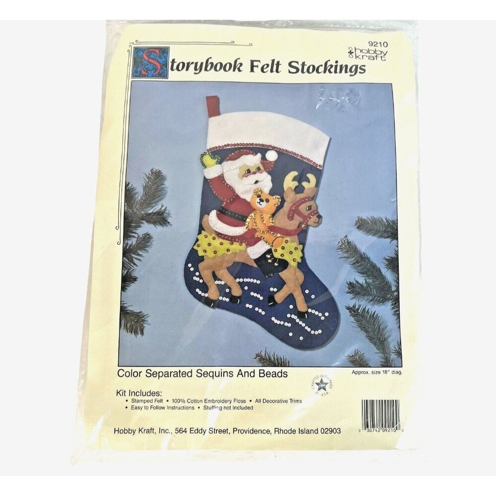 Hobby Kraft Storybook‎ Christmas Felt Stocking Kit 9210 Santa & Reindeer 18" VTG